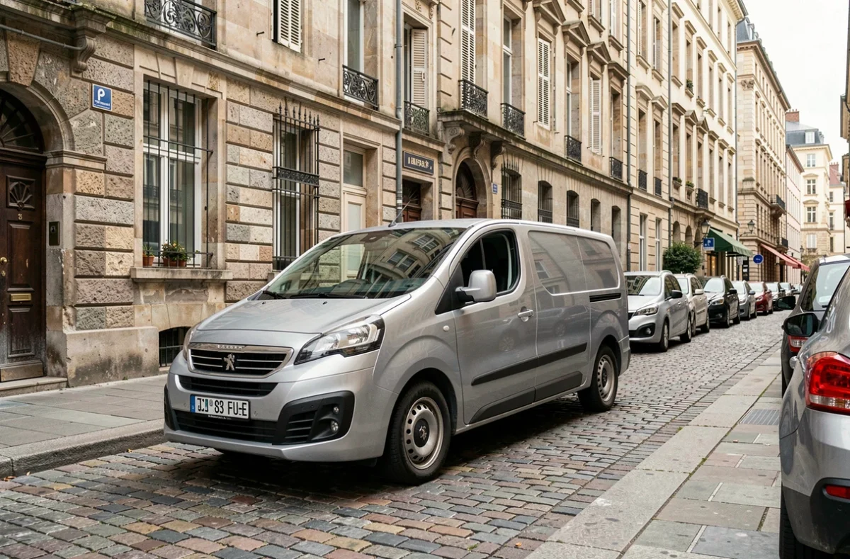 Peugeot Expert compact manœuvrant dans une rue étroite pavée en centre-ville européen