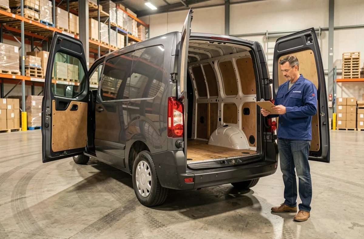 Peugeot Expert long avec portes arrière ouvertes dans un entrepôt logistique, comparaison d'espace de chargement