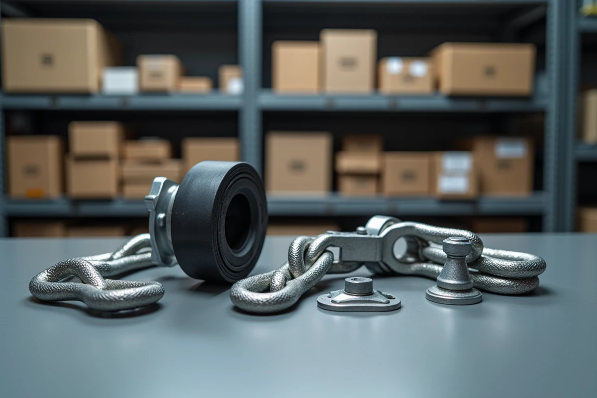 Assortiment de pièces détachées pour remorque Erka disposées sur un établi de garage