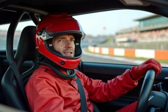 Pilote adulte en combinaison ignifugée et casque rouge au volant d'une voiture de sport sur circuit automobile