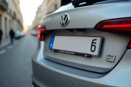 Gros plan sur une plaque d'immatriculation française récente sur une berline grise en milieu urbain
