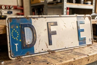 Gros plan sur trois plaques d'immatriculation européennes avec codes pays D, F et E sur fond de bande bleue EU