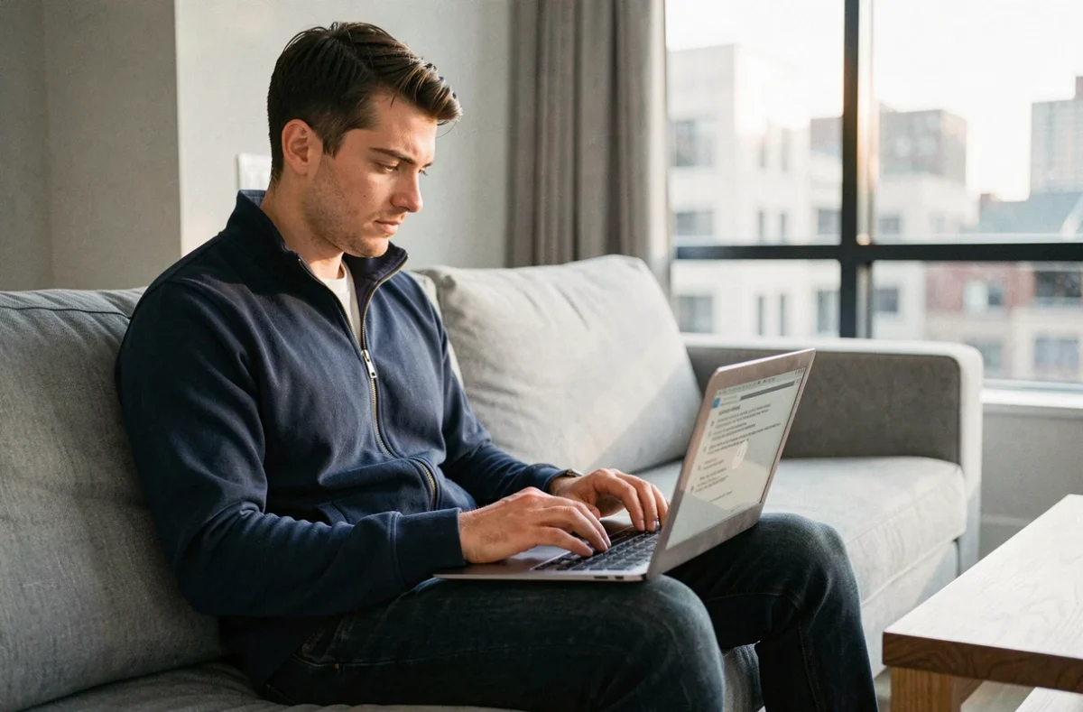 Jeune homme préparant le code de la route sur ordinateur portable avec un PDF de questions 2026