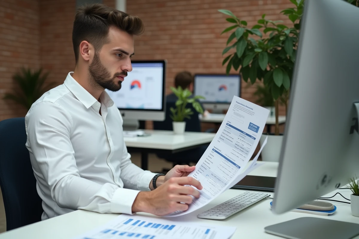 Professionnel comparant les options d'annonces gratuites et payantes sur Leboncoin dans un espace de coworking