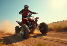 Quad 500cc en pleine course sur un chemin de campagne