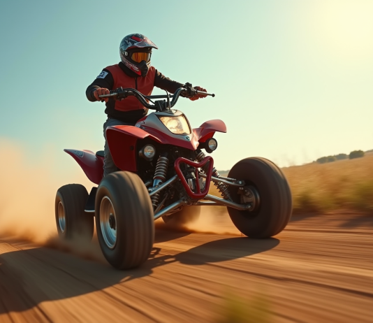 Quad 500cc en pleine course sur un chemin de campagne