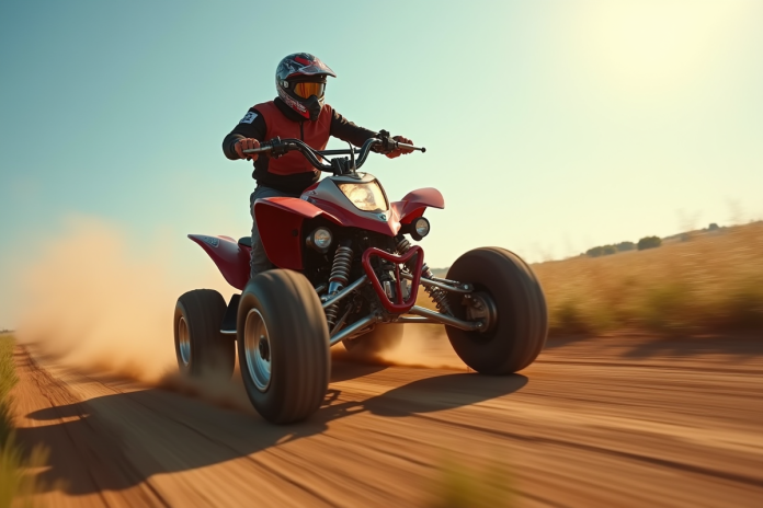 Quad 500cc en pleine course sur un chemin de campagne