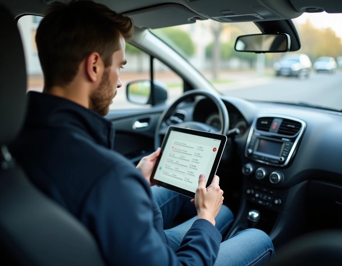 Homme révisant les questions du permis de conduire sur une tablette assis dans une voiture garée avant une leçon de conduite