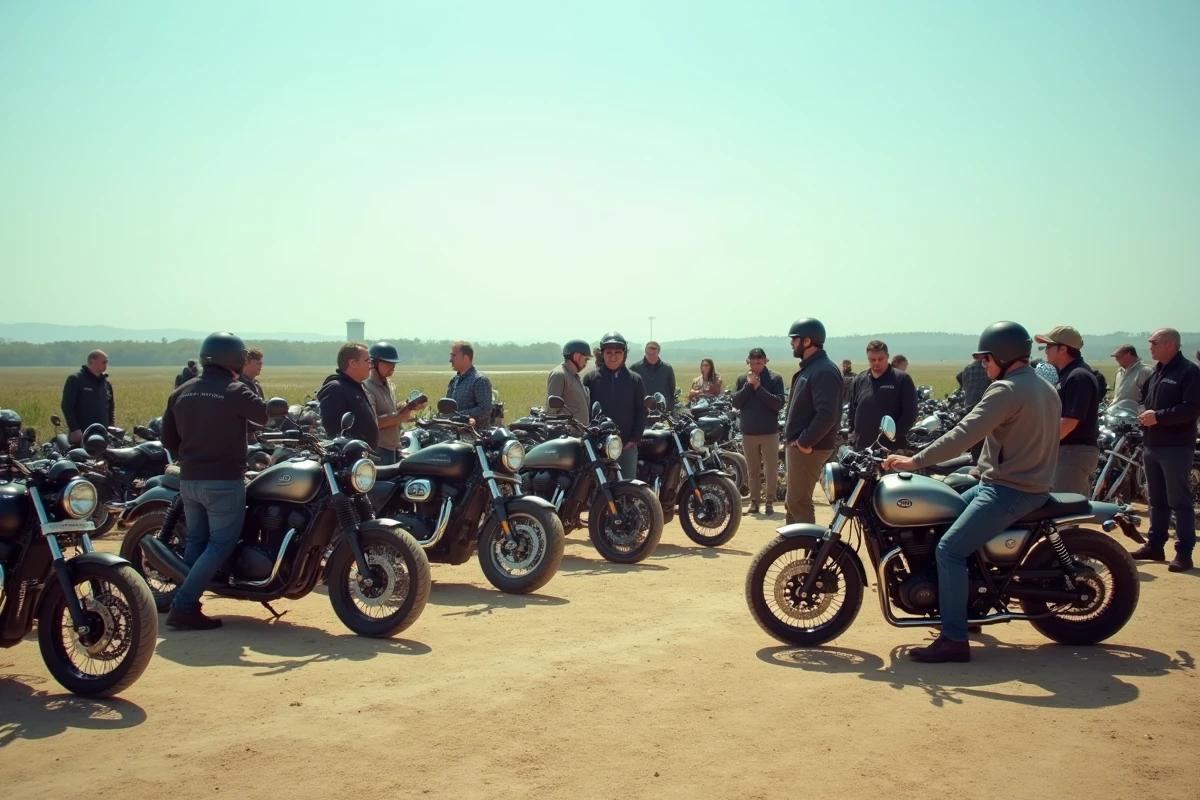 Rassemblement de motards au bord de l'Hérault près d'Agde, nombreuses motos garées et riders en tenue discutant dans un parking en plein air
