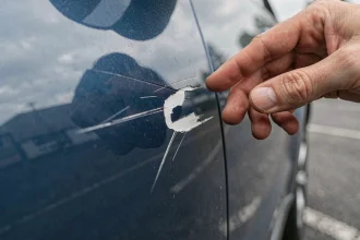 Comparaison entre une rayure superficielle et une rayure profonde sur la carrosserie d'une voiture bleue métallisée