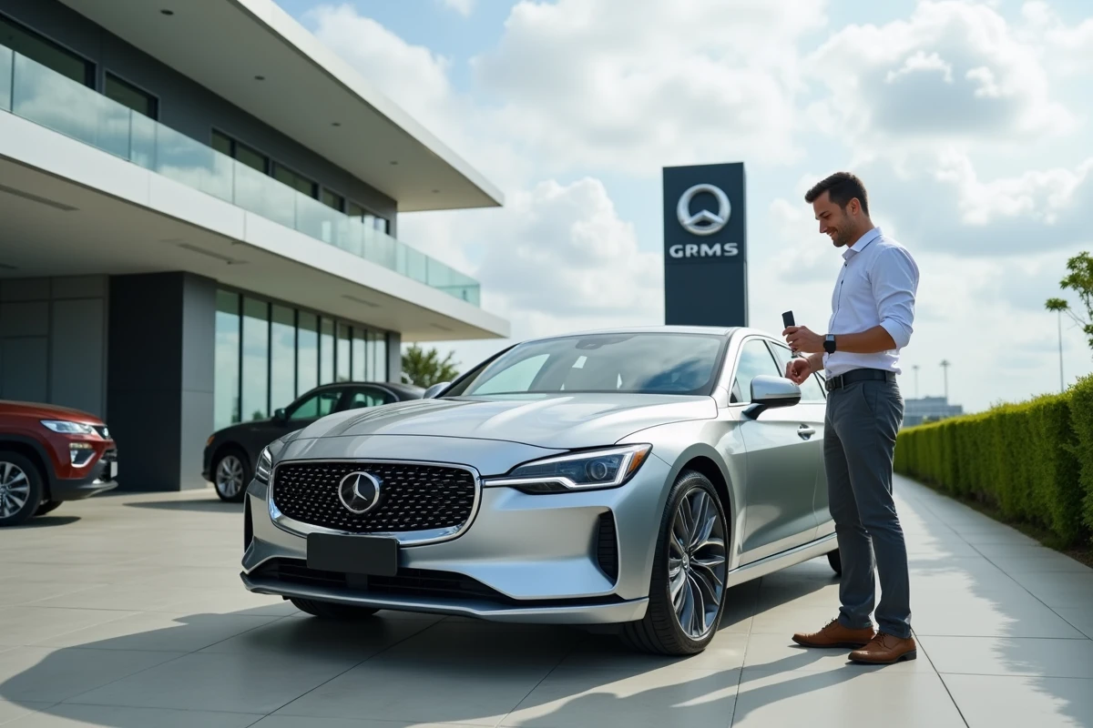 Client satisfait inspectant une voiture de prestige lors de la remise des clés en concession automobile