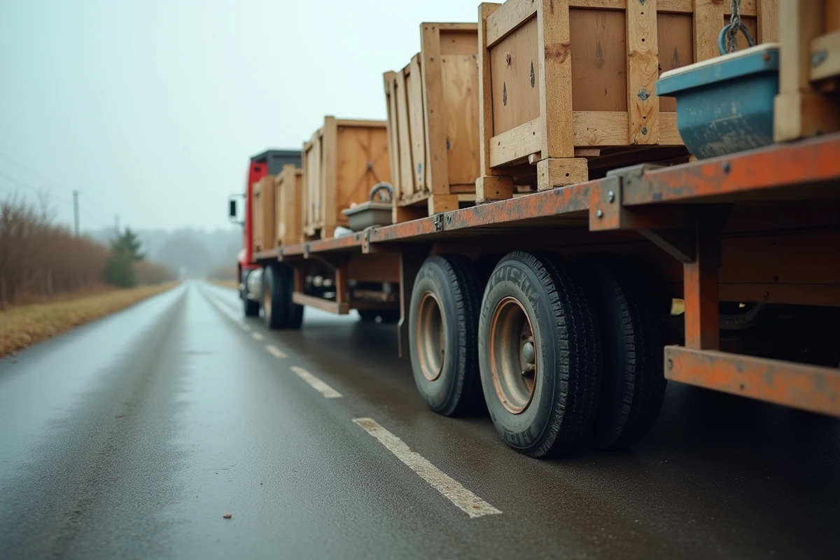 Remorque chargée sur route de campagne montrant la déformation du pneu sous le poids du chargement
