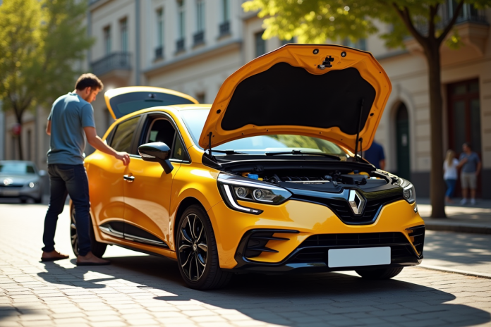 Renault Clio 3 Phase 2 au soleil avec le capot ouvert