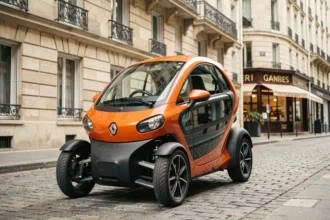 Renault Twizy garée dans une rue pavée d'une ville française, vue en trois quarts avant, idéale comme voiture sans permis en milieu urbain
