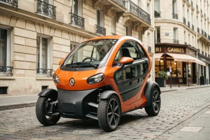 Renault Twizy garée dans une rue pavée d'une ville française, vue en trois quarts avant, idéale comme voiture sans permis en milieu urbain