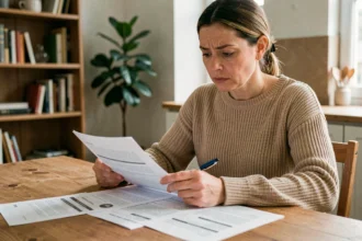 Femme consultant son contrat d'assurance auto à son domicile avant de le résilier