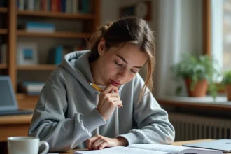 Jeune femme qui révise le code de la route avec un livret annoté et un crayon, assise à un bureau en bois à domicile