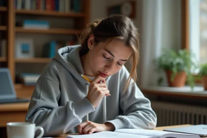 Jeune femme qui révise le code de la route avec un livret annoté et un crayon, assise à un bureau en bois à domicile
