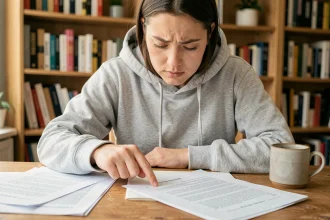Jeune femme révisant des questions de permis de conduire sur des documents PDF imprimés à son bureau