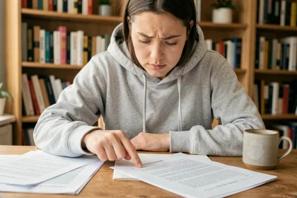 Jeune femme révisant des questions de permis de conduire sur des documents PDF imprimés à son bureau