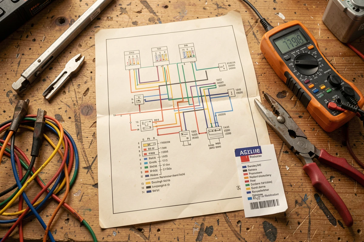 Schéma de câblage de prise remorque avec numérotation des broches posé sur un établi d'atelier avec outils électriques
