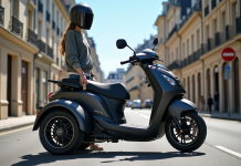 Scooter MP3 500 moderne dans une rue urbaine en France