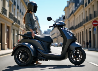 Permis B et MP3 500 : conduire un scooter à trois roues en France Scooter MP3 500 moderne dans une rue urbaine en France