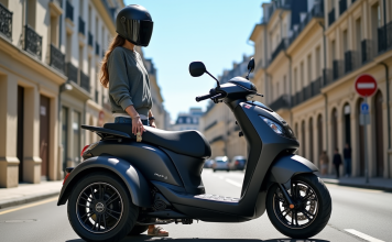 Permis B et MP3 500 : conduire un scooter à trois roues en France Scooter MP3 500 moderne dans une rue urbaine en France