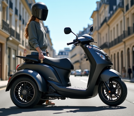 Scooter MP3 500 moderne dans une rue urbaine en France