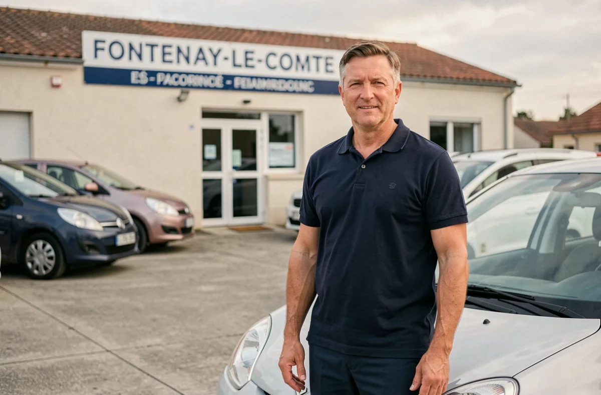Vendeur professionnel devant les véhicules du concessionnaire SEMI-LOC à Fontenay-le-Comte en Vendée, avec le parvis et la façade de la concession visible en arrière-plan