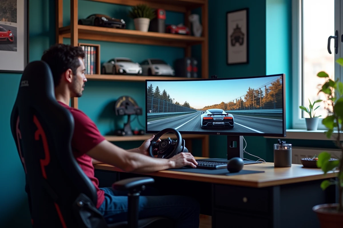 Setup de simulation racing à domicile avec Assetto Corsa sur écran ultrawide