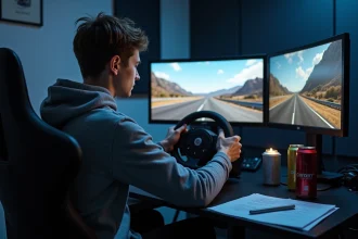 Joueur débutant sur simulateur de course Assetto Corsa avec volant et triple écran