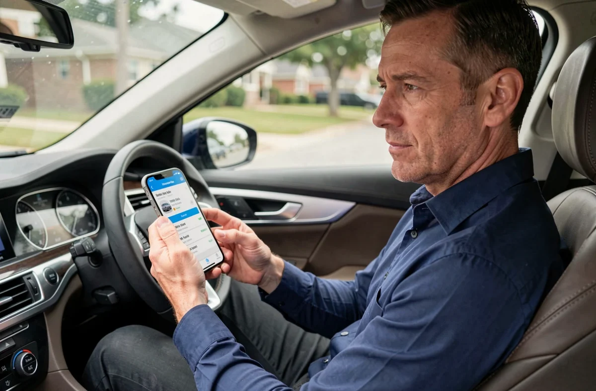 Homme consultant une application de simulation d'assurance auto sur smartphone dans sa voiture