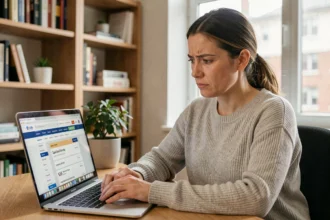 Femme comparant des simulations d'assurance voiture sur un ordinateur portable dans un bureau à domicile