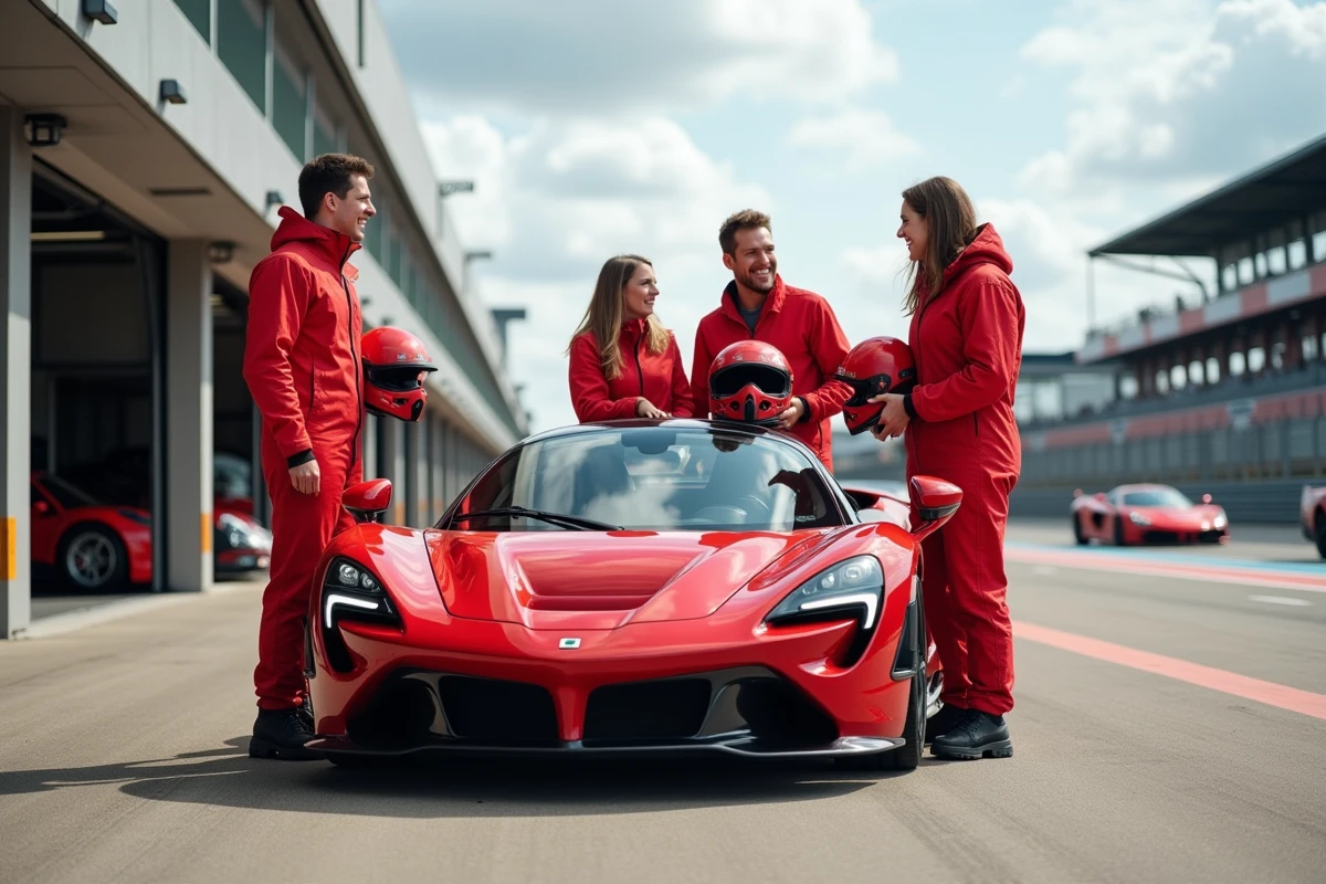 Famille en combinaison de pilotage posant avec une supercar dans le paddock d'un circuit automobile lors d'un stage