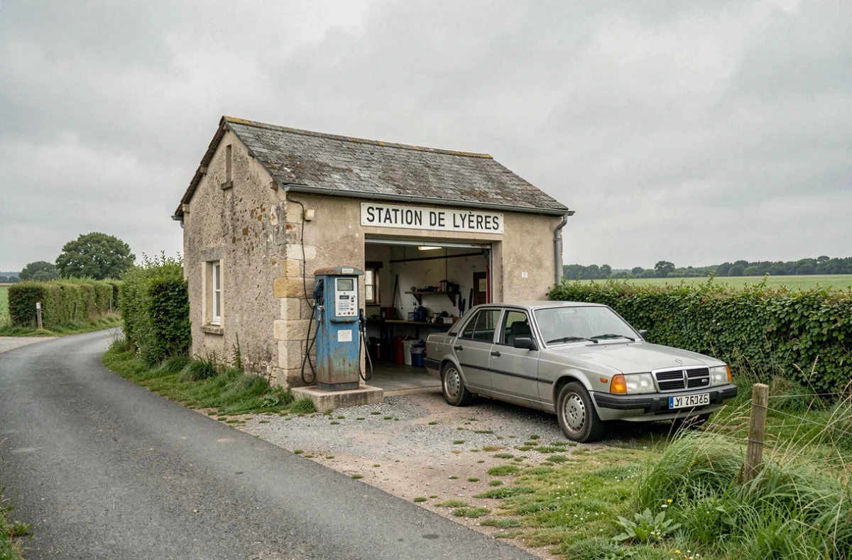 La Station de Lyères, garage de proximité installé en milieu rural normand avec pompe à carburant et véhicule en attente