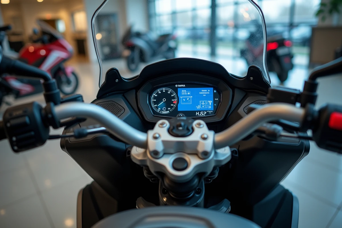Détail du tableau de bord TFT et des commandes du Yamaha TMAX 750 dans une concession moto, écran numérique et guidon aluminium brossé