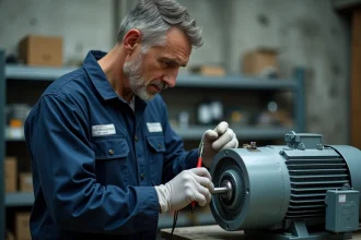 Technicien électricien inspectant un condensateur sur moteur électrique avec un multimètre dans un atelier industriel
