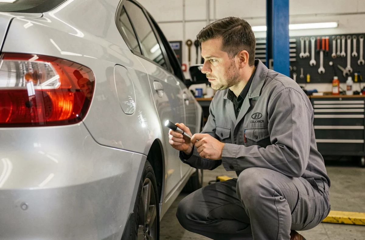 Technicien automobile inspectant une rayure sur la carrosserie d'une berline argentée dans un atelier de carrosserie
