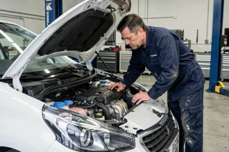 Technicien automobile inspectant un moteur PureTech 1.2 turbo dans un garage professionnel