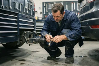 Technicien automobile inspectant une prise de remorque 7 broches sur un SUV dans un atelier mécanique professionnel