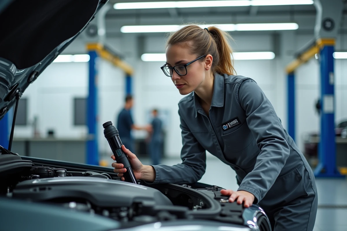 Technicienne BMW examinant la chaîne de distribution d'un moteur dans un centre de service officiel