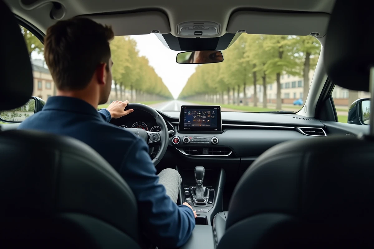 Journaliste automobile au volant d'une Toyota C-HR 2026, intérieur moderne avec écran tactile et tableau de bord en matériaux premium