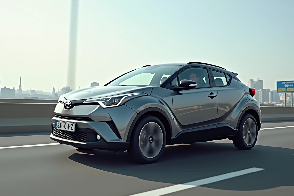 Toyota C-HR 2026 en conduite dynamique sur le périphérique parisien, effet de filé sur bitume et glissières de sécurité