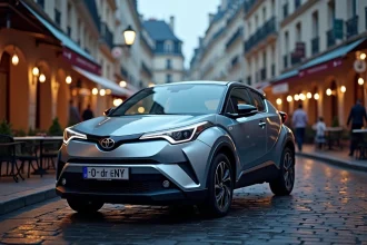 Toyota C-HR 2026 garé dans une rue pavée de Paris, vue trois quarts avant, reflets de façades haussmanniennes sur la carrosserie