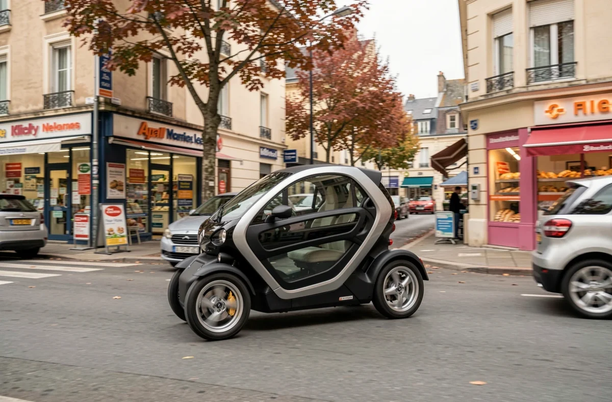 Renault Twizy en circulation dans une rue commerçante de banlieue, voiture sans permis adaptée aux déplacements quotidiens urbains et périurbains