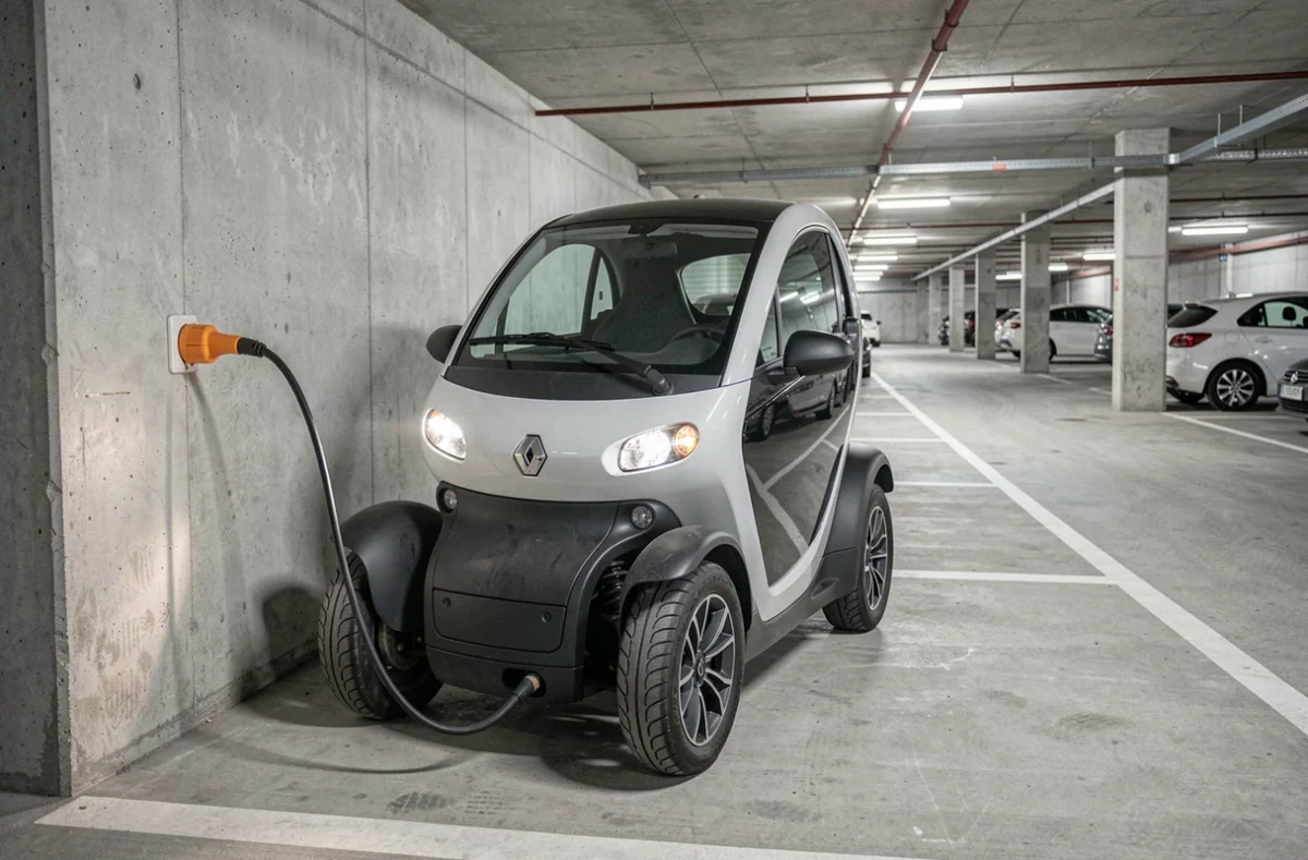 Renault Twizy en charge sur prise domestique dans un parking souterrain résidentiel, recharge facile d'une voiture sans permis électrique