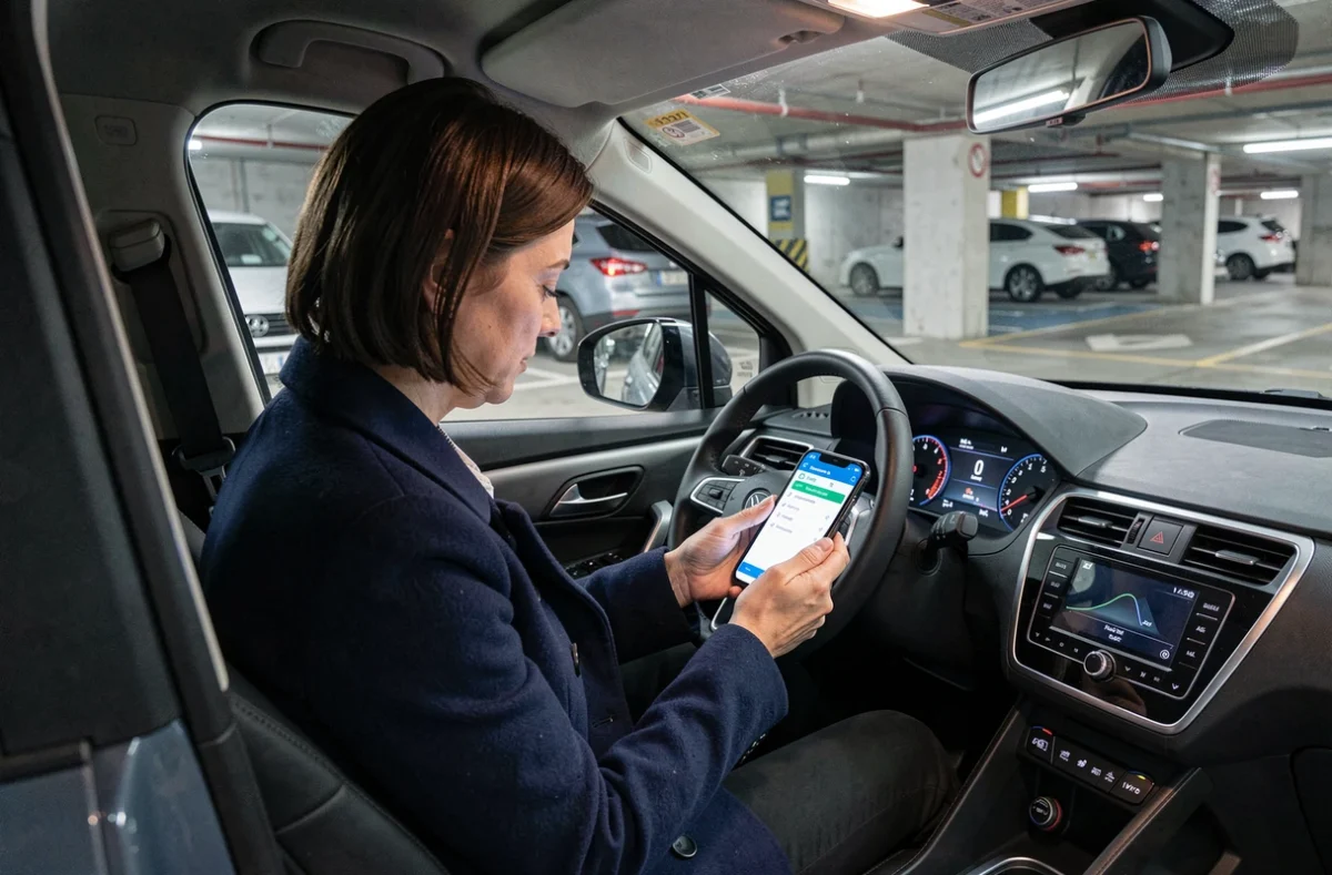 Femme vérifiant l'éligibilité de son véhicule hybride à la zone de basse émission de Bruxelles sur son smartphone
