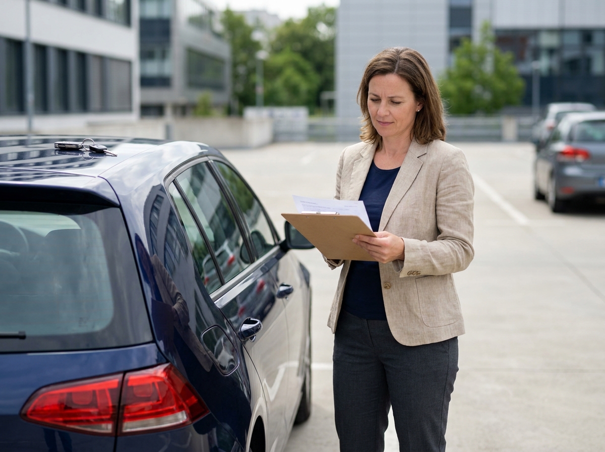 Femme consultant des documents administratifs pour la vente de sa voiture dans un parking urbain, clés posées sur le toit du véhicule