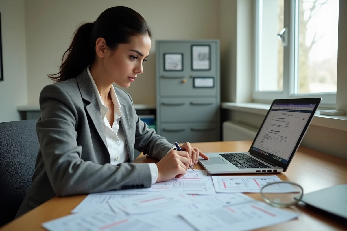 Femme expert automobile vérifiant des documents d'origine d'un véhicule étranger avec plaque TR dans un bureau officiel